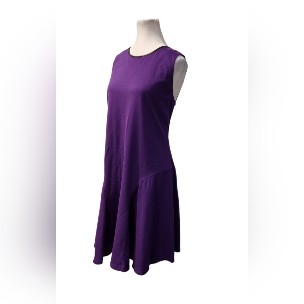Ralph Lauren Purple Midi Sleeveless Dress with leather Trim at Neckline